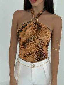 Aloruh Áo tank top nữ gợi cảm hở lưng, cổ yếm, phong cách Bohemian, chất liệu vải lưới in họa tiết động vật phối kim loại, thích hợp cho các lễ hội âm nhạc, kỳ nghỉ biển, dạo phố hàng ngày, mang đến vẻ quyến rũ. - màu nâu - Xem 5