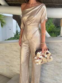 Firerie Women's Elegant Sexy Gold Summer Wedding Night Out Urban Chic Metallic Coated Asymmetric Hem Loose Blouse Elastic Waist Wide Leg Pants Set - Gold - View 10