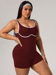 SHEIN Dewbera Plus Size Women Patchwork Color Casual Everyday Wear Sports Romper - Burgundy - View 5