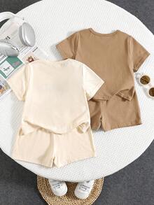 SHEIN Set 4 buc. pentru bebeluși, băieți și fetițe, tricou și pantaloni scurți cu mânecă scurtă, model casual, cu litere și model, de vară, pachet simplu multiplu - Kaki - Vizualizare 2