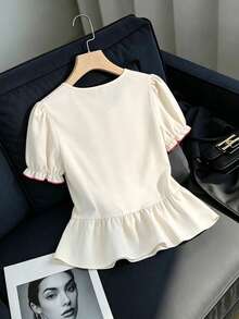 SHEIN Franclia Áo kiểu nữ thời trang, đa năng, thêu hoa, buộc dây, xếp ly, viền bèo nhún, thích hợp cho kỳ nghỉ. - Màu be - Xem 2
