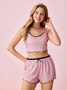 Bộ PJ/Bộ Pajama In Chấm Bi Xà Lách Viền Nơ Phía Trước - Bụi hồng - Xem 4
