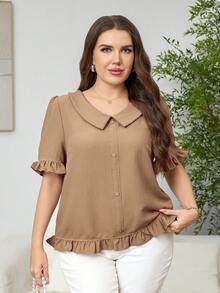 SHEIN Clasi 大码夏季休闲简约纯色纽扣装饰荷叶边下摆衬衫 - 駝色 - 查看 10