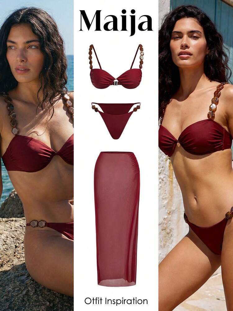 SHEIN Maija Women's Retro Burgundy Summer Bikini Set,Cute Solid Color Swimwear With Tummy Control,Holiday Beach Vacation Outfits,Fashion Red Co Ord Outfits