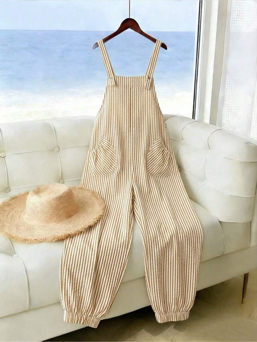 EMERY ROSE Bộ jumpsuit nữ cỡ lớn thanh lịch kẻ sọc có túi, dây rút, phù hợp cho công sở, mùa xuân/hè. - Màu vàng - Xem 1