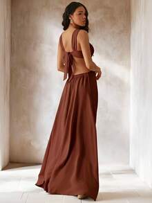 Hauture Sexy Solid Color Backless Dress, Summer - Brown - View 2