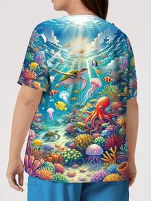 PopScrub 海底世界与海洋生物卡通印花加大码女式手术服上衣，时尚V领短袖，带口袋和耳挂设计，春夏护士制服上衣 - 彩色 - 查看 2