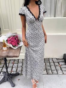 Sunnyshic 蓝色花卉拼接蕾丝V领A字连衣裙，优雅可爱休闲，适合度假、海滩派对、日常穿着，百搭夏季女装 - 白色 - 查看 4