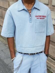 Manfinity EMRG Men's Casual Striped Embroidered Blue Denim Short Sleeve Shirt, Street Fashion - Light Wash - View 6