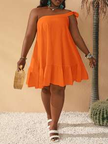 Slaydiva Plus Size Women Casual Vacation One Shoulder Ruffle Hem Dress - Orange - View 1