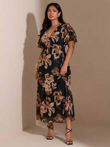 SHEIN BAE Vestido morado con volantes y estampado floral para mujer de talla grande - Multicolor - Ver 5