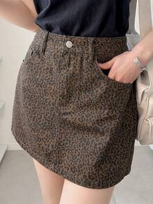 FRIFUL Minifalda vaquera de estampado de leopardo casual para mujer, verano - Azul - Ver 5