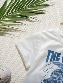 SHEIN 2pcs/Set Baby Boy/Girl Funny Sea Turtle Animal Print Round Neck Knit Top T-Shirt And Shorts,Blue White Stripe,Summer,Casual,Beach,Holiday 2-Piece Set - Blue - View 5