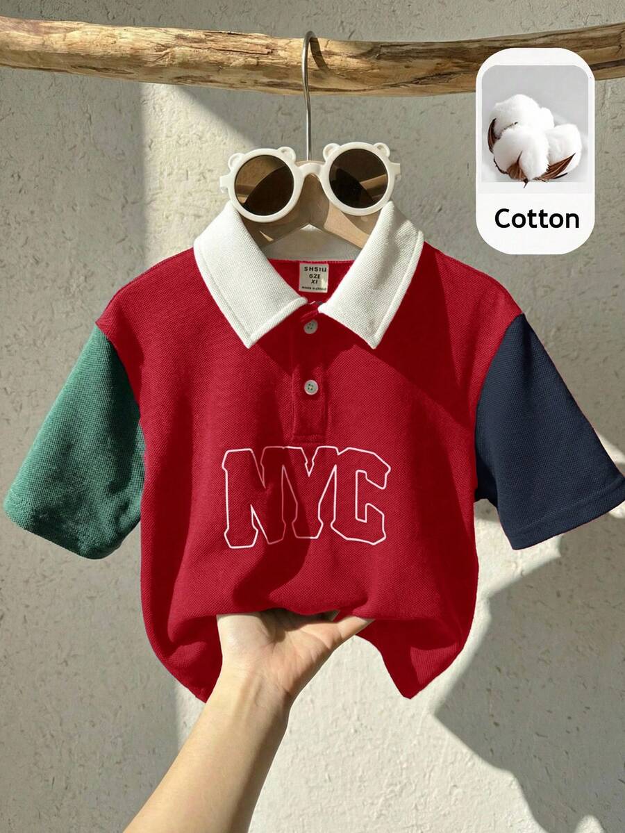 SHEIN Young Boy Contrast Color Patchwork Polo Shirt With Collar - Multicolor - View 1