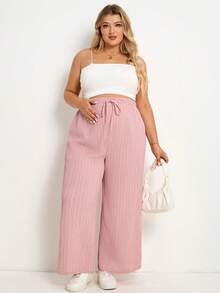 Plussiva Maternity Plus Size Textured Drawstring Waist Pocket Loose Casual Pants, Versatile Daily Wear - Pink - View 6
