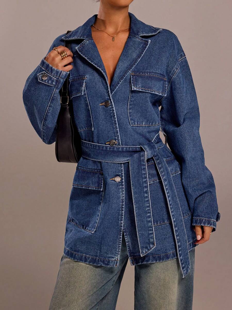 Forever 21 秋冬女式蓝色牛仔夹克圣诞新年假期派对女式外套蓝色外套假日新年宽松外套长袖外套除夕新年圣诞派对女式牛仔假期女式假期圣诞节 Y2k 宽松翻领复古派对装蓝色水洗口袋街头风格腰带优雅日常装休闲牛仔外套 - 藍色 - 查看 1