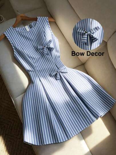 SHEIN Tall Women's 2026 New Arrival:Women's Summer Blue And White Striped Fabric Bow Decor Round Neck Sleeveless Waist Cinched A-Line Mini Dress,Perfect For School,Weekend Picnic,Casual Outing With Friends,Vacations,Parties,Commuters,Dates,Dinner,And Everyday Wear,Fresh And Sweet Style,Elegant French Romantic Style.Spring/Summer French Bow Decor,Beautiful Striped Fabric A-Line Blue Mini Dress.Elegant Spring Outfits,Summer Outfits,Music Festival Outfits,Wedding Season Outfits,Wedding Guest Outfits Blue