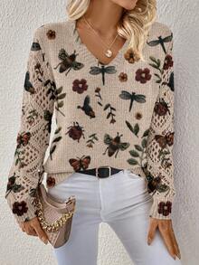 EMERY ROSE Women's Casual Vacation Style Insect & Plant All-Over Print V-Neck Open Knit Long Sleeve Pullover Sweater, Autumn/Winter, Christmas,Casual - Multicolor - View 5
