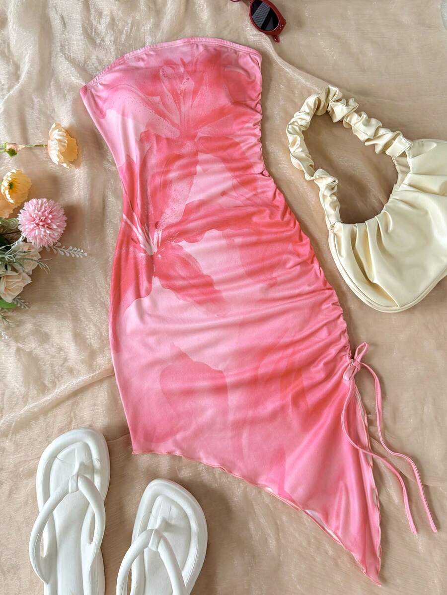 SHEIN 少女休闲简约舒适优雅波西米亚热带风情针织条纹扭结迷你连衣裙 - 粉色 - 查看 1