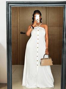Maweii Plus Size Women's Solid Color Button Design Halter Romantic Vacation Dress - White - View 6