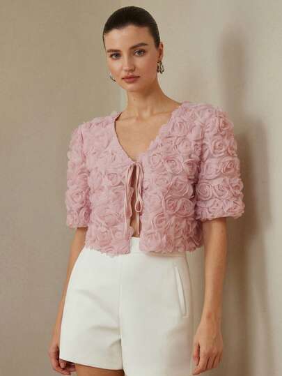 Aveloria Rosie 法式优雅女士风格，3D镂空面料，V领系带泡泡袖女式衬衫