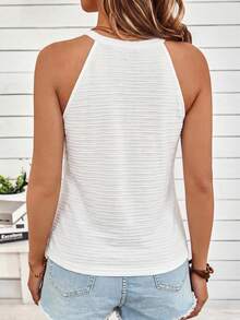 SHEIN LUNE Áo tank top ôm sát không tay cổ cao màu trắng, chất liệu dệt jacquard 3D, kiểu dáng tối giản, thích hợp cho mùa hè. - trắng - Xem 2