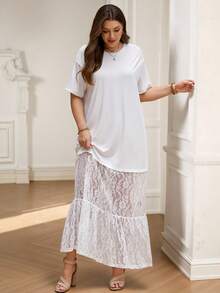 Rosumi Robe longue blanche en dentelle et patchwork pour grandes tailles, idéale pour les vacances - Blanc - Voir 1