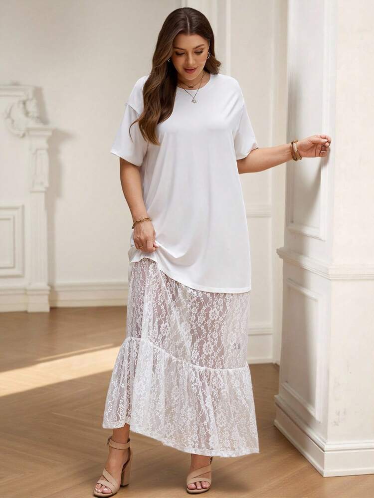 Plus Size Women's White Lace Patchwork Maxi Dress, Vacation,Summer Outfits For Women,Wedding Party Dress,Wedding Guest Dress For Women,Elegant Dresses For Party,Casual Dresses For Women,Vacation Outfits Women ,Country Concert Outfit ,White Dresses For Women White Plus Size Outfits For Women White Plus Size Dress Plus Size White Dress Zanzea Dress For Women Plus Size Brunch Women Outfit Curve