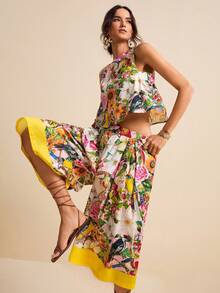 LOTSLUV Bộ đồ nữ mùa xuân/hè kiểu dáng nghỉ mát, họa tiết hoa và chim nhiệt đới màu hồng, cổ tròn, viền vàng tương phản, gồm áo không tay và quần. - Màu vàng - Xem 4
