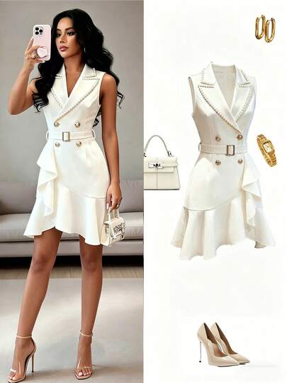 Rafferiza Women's Solid White Sleeveless Dress With Pearl Embellishments, Fitted Waist, Metal Button Details, And An Asymmetrical Hem With A Belt. Suitable For Summer, Spring, Easter, Holiday, Party, Beach, Wedding, Bridesmaid, Graduation, Graduation/Mother's Attire, Elegant Dresses, Casual Dresses, Vacation, Summer Holidays, Formal Dresses/Gowns, Formal Wear, Y2K Style, Workwear, Office Wear, Country Style, Sequined Dresses, Shimmering Dresses, Ruffled Dresses, And White Dresses.Graduation Season Attire, Fashionable Casual Commuter Wear, Business Office Wear, Versatile And Stylish Everyday Casual Wear, Urban Teacher's Professional Attire