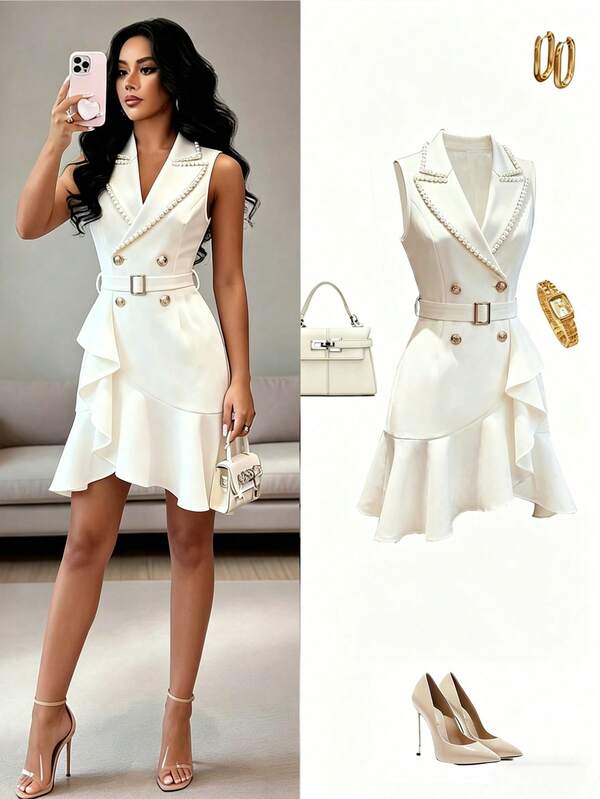 Franclia Women's Solid White Sleeveless Dress With Pearl Embellishments, Fitted Waist, Metal Button Details, And An Asymmetrical Hem With A Belt. Suitable For Summer, Spring, Easter, Holiday, Party, Beach, Wedding, Bridesmaid, Graduation, Graduation/Mother's Attire, Elegant Dresses, Casual Dresses, Vacation, Summer Holidays, Formal Dresses/Gowns, Formal Wear, Y2K Style, Workwear, Office Wear, Country Style, Sequined Dresses, Shimmering Dresses, Ruffled Dresses, And White Dresses.Graduation Season Attire, Fashionable Casual Commuter Wear, Business Office Wear, Versatile And Stylish Everyday Casual Wear, Urban Teacher's Professional Attire