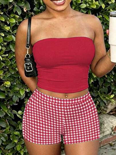 Slaydiva 新款春夏休闲女式高腰短裤/音乐节/西部风/游牧风/派对/泳池/性感度假装/邮轮旅行/海滩/日光浴/度假/约会/及其他场合/优雅浪漫风/休闲简约基础风/Y2K/街头风/街头甜美风/网红热销款/日常约会/辣妹风/性感/夜店/返校/外出/嘻哈/网络爆款/颓废风/红色格纹图案