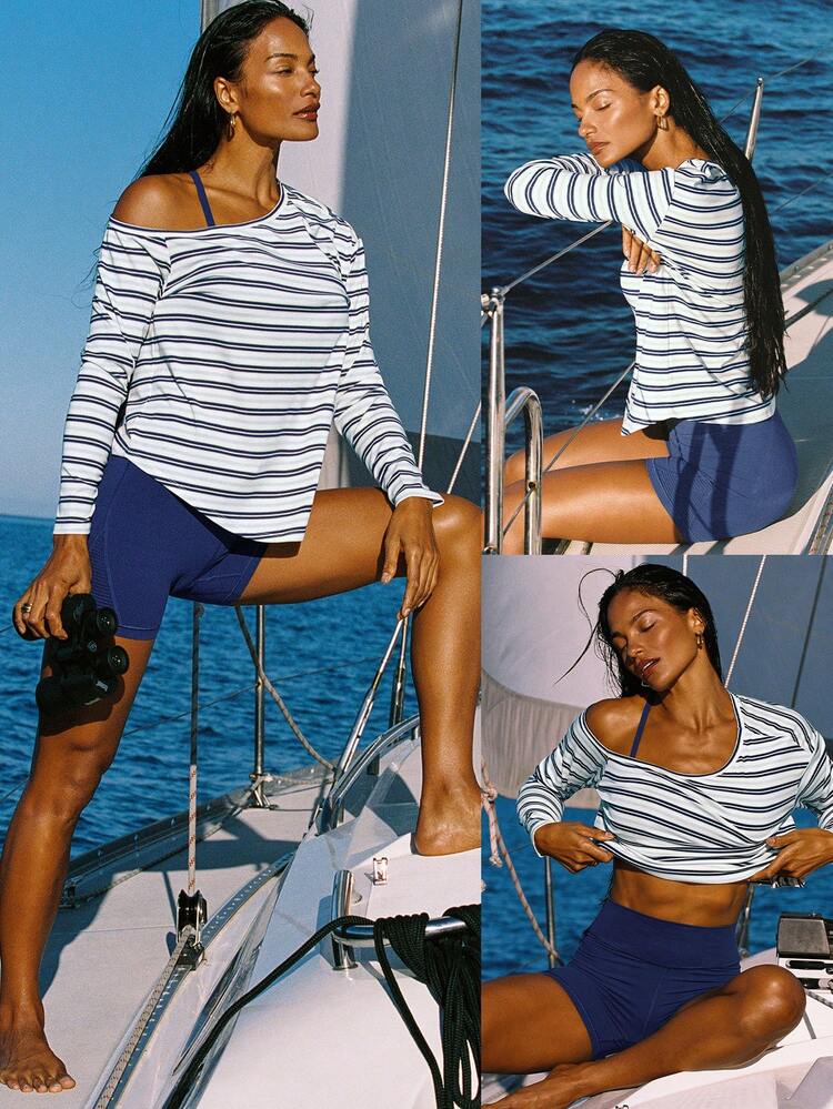 Seas The Day Relaxed Fit Hip Length Shell Logo Asymmetric Off-Shoulder Boatneck Long-Sleeve Top Holiday Vacation Summer Daily Casual Wear