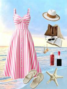 EMERY ROSE Vintage Sweetheart Style Striped Cami Dress, High Waist Slimming A-Line Flared Gentle Elegant Midi Dress - Pink - View 3