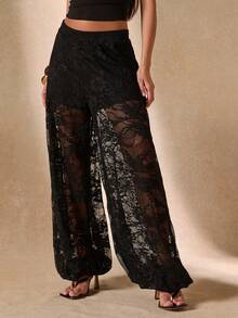 SHEIN BAE Sheer Lace Lantern Pants, Elegant Ankle-Length Trousers For Women, Suitable Outings, Brunch, Summer, Weddings Beach Rave, Vacations,-Black Floral Wide - Black - View 6