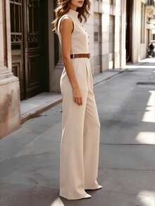 EMERY ROSE Women's Elegant Solid Color Stand Collar Sleeveless Jumpsuit - Khaki - View 3