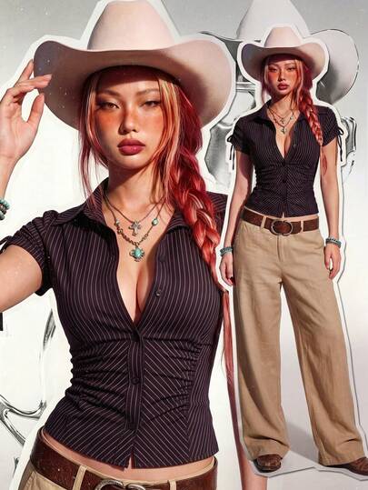 Rina Fox 女士新款衬衫，春夏新款衬衫，Y2K复古条纹印花衬衫，休闲全开领短袖衬衫，学院风条纹褶皱短袖衬衫，性感黑色可调节袖衬衫，适合日常、休闲、上学、购物等场合的夏季黑色衬衫