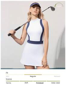 CourtClass CourtClass 女士高尔夫运动连衣裙 高腰修身弹力户外训练连衣裙，撞色运动连衣裙配内衬短裤，网球连衣裙 - 藍白色 - 查看 2