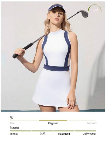 CourtClass 女士高尔夫运动连衣裙 高腰修身弹力户外训练连衣裙，撞色运动连衣裙配内衬短裤，网球连衣裙