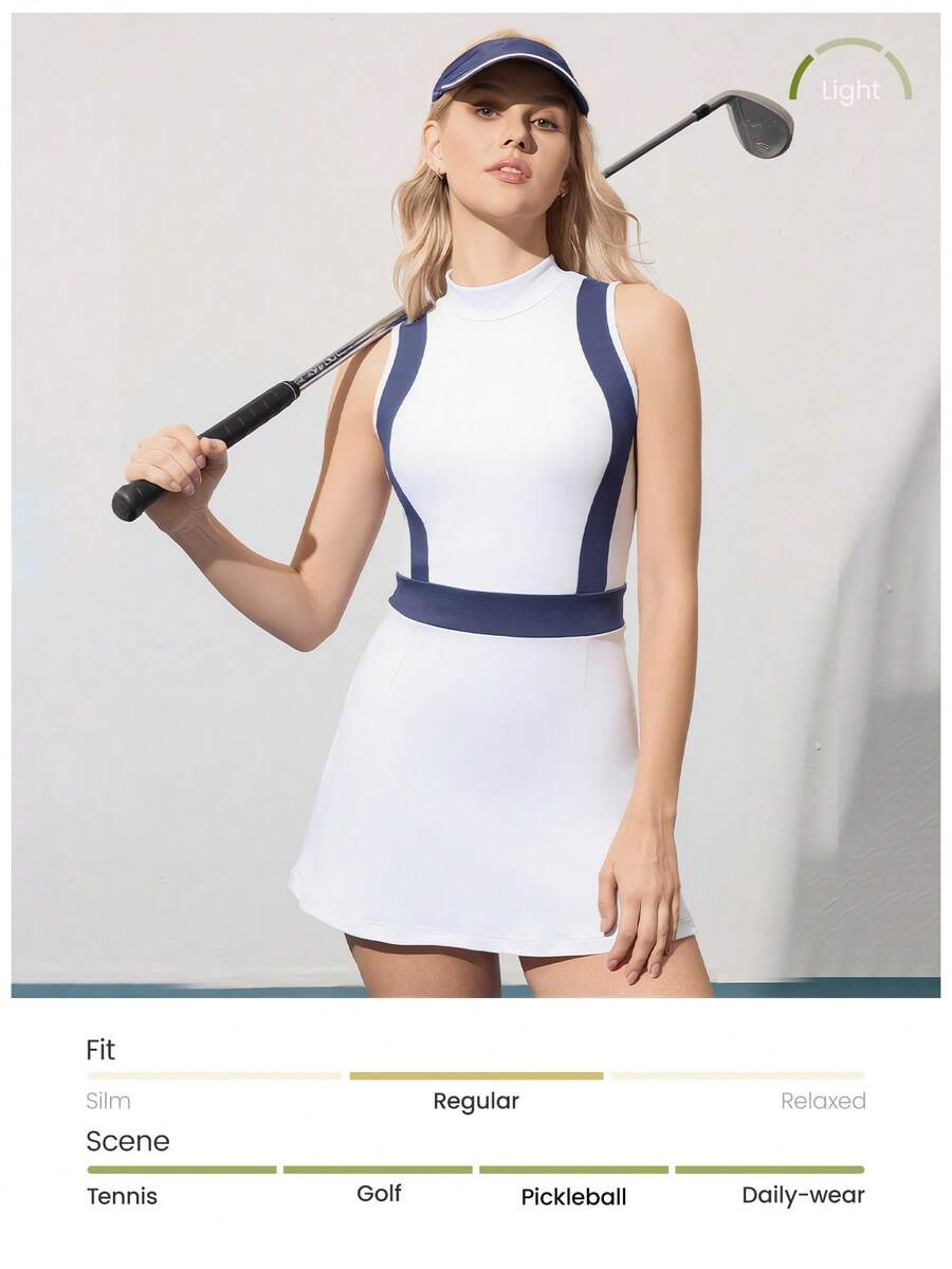 CourtClass CourtClass 女士高尔夫运动连衣裙 高腰修身弹力户外训练连衣裙，撞色运动连衣裙配内衬短裤，网球连衣裙