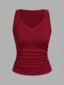 Slaydiva Women Burgundy Red Summer Casual Everyday Tank Top Basic Versatile Solid Ribbed V-Neck Racerback Gathe Vest Boho Beach Daytime Home Going Out Work - Burgundy - View 3