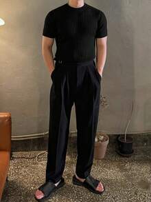 DAZY 男士纯黑色圆领短袖针织上衣 - 黑色 - 查看 3