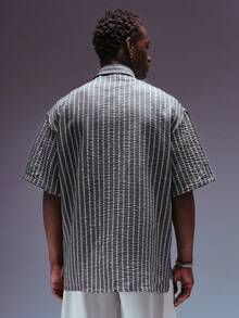 STYNVO 男士休闲条纹纹理前开襟短袖衬衫，夏季款 - 深灰色 - 查看 2