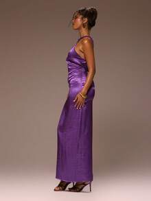 MUSERA Đầm maxi satin cổ yếm đính hạt, kiểu dáng nữ tính, thích hợp cho mùa xuân hè, kỳ nghỉ, buổi tối đi chơi, dịp đặc biệt, Golden Sands. - Màu tím - Xem 3