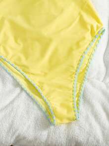 Bonvoyette Elegant Solid Color V-Neck Contrast Ruffle Trim One-Piece Swimsuit, Spring/Summer - Multicolor - View 5