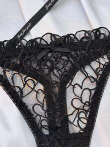 女士水钻拼接腰带刺绣网纱性感丁字裤 - 黑色 - 查看 9