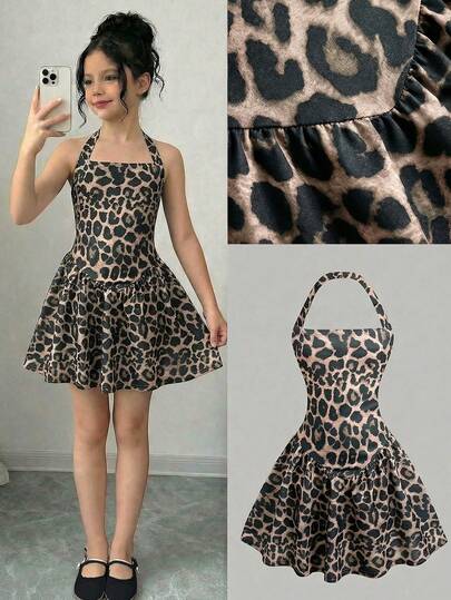 Girlism Vestido corto de línea A con tirantes de espagueti y ajuste ceñido con estampado de leopardo para niñas preadolescentes