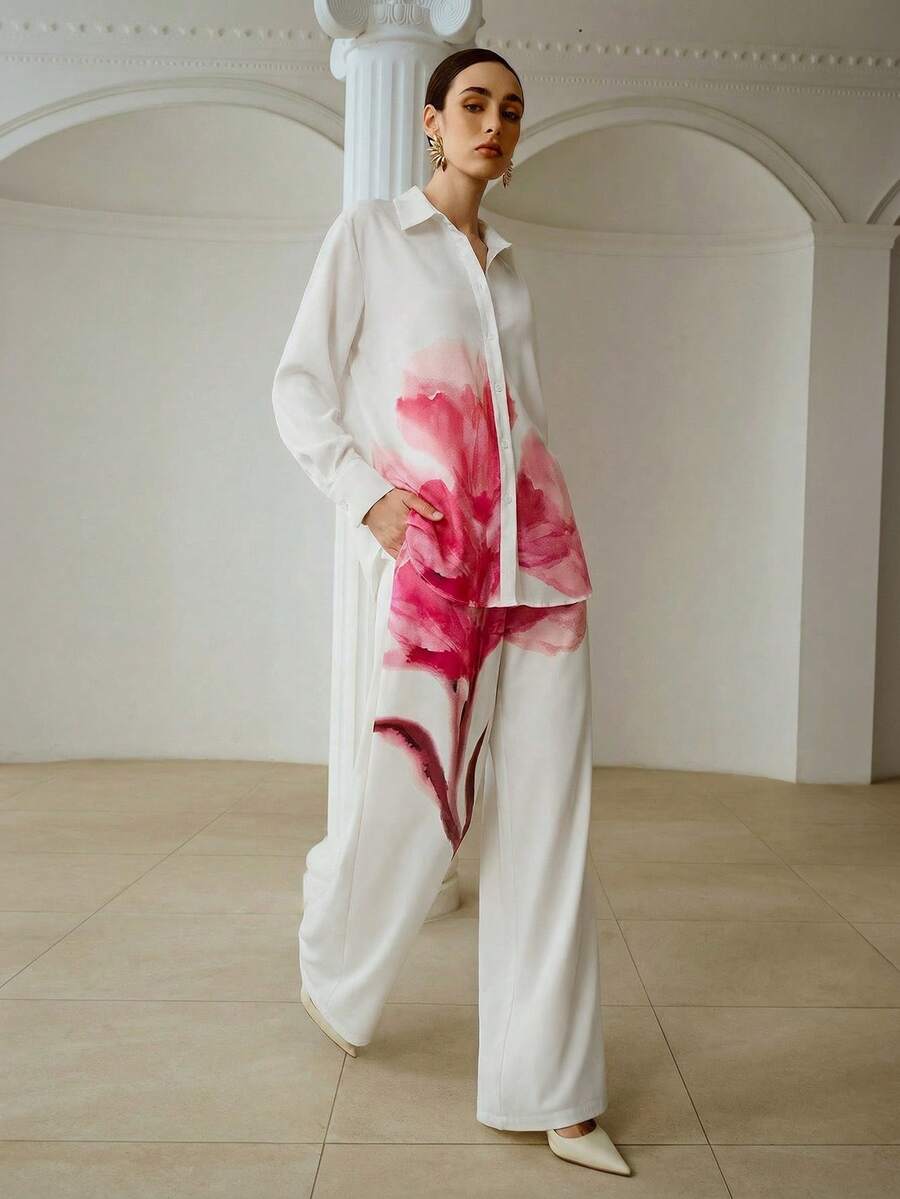 ZEYLAH Set de camisa con estampado de colocación casual y pantalones holgados, primavera/verano - Rosa - Ver 1