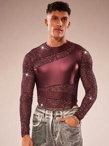 FeverCity Men's Long Sleeve Round Neck Mesh Patchwork Sexy Jumpsuit - Red - View 4