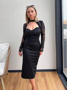 Jeta Ari Women's Sexy & Elegant Black Lace Patchwork Long Sleeve Bodycon Dress, Tight Fitted Bodice Design, Stretchy Knit Fabric Hugs Body To Accentuate Figure, Suitable For Dates, Gatherings, Parties, Daily Outings, Shopping, Clubs, Afternoon Tea, Holidays,Valentine's Day,Date Night,New Year's Eve ,Party,Spring To Summer, - Black - View 5